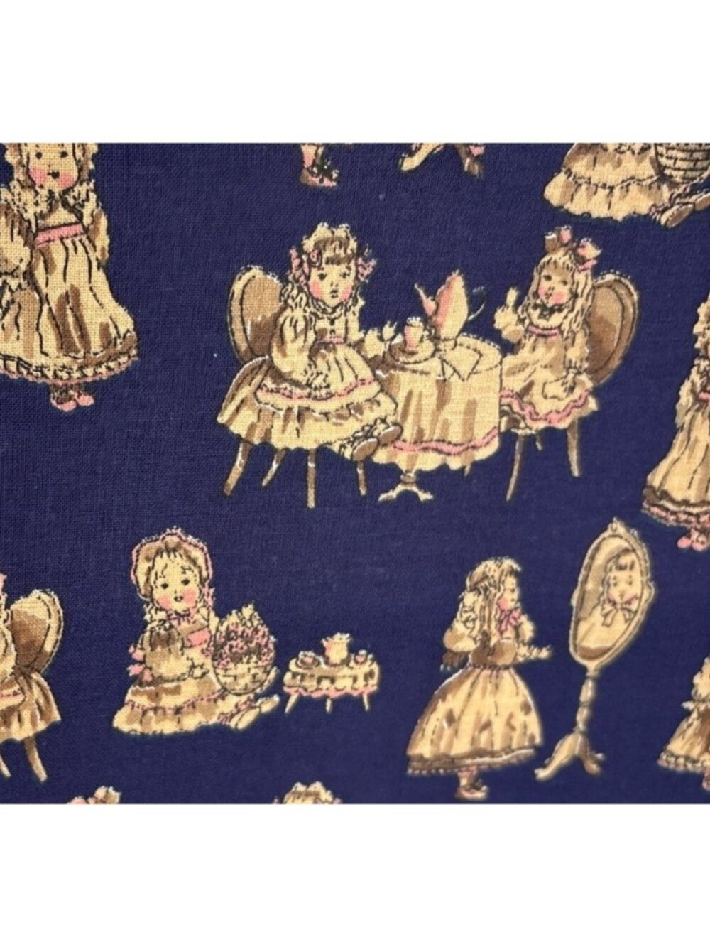1/2 yard x 45" Navy Cotton Fabric Victorian Doll Tea Party Print